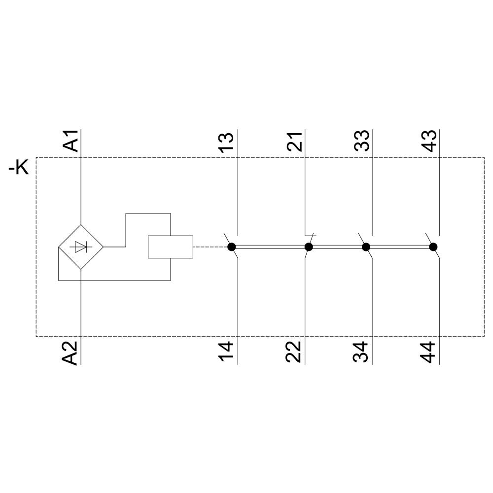 Schematisk framställning av en strömkrets med en diod, flera anslutningspunkter (A1, A2, 13, 21, 33, 43) och förbindelser.