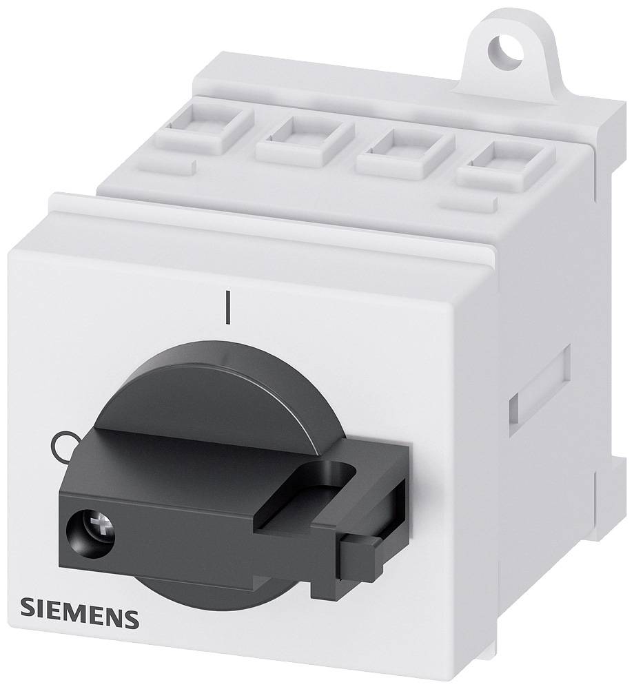 En vit Siemens-strömbrytare med en svart vred, som står i neutralläge. Strömbrytaren är lämplig för väggmontering.