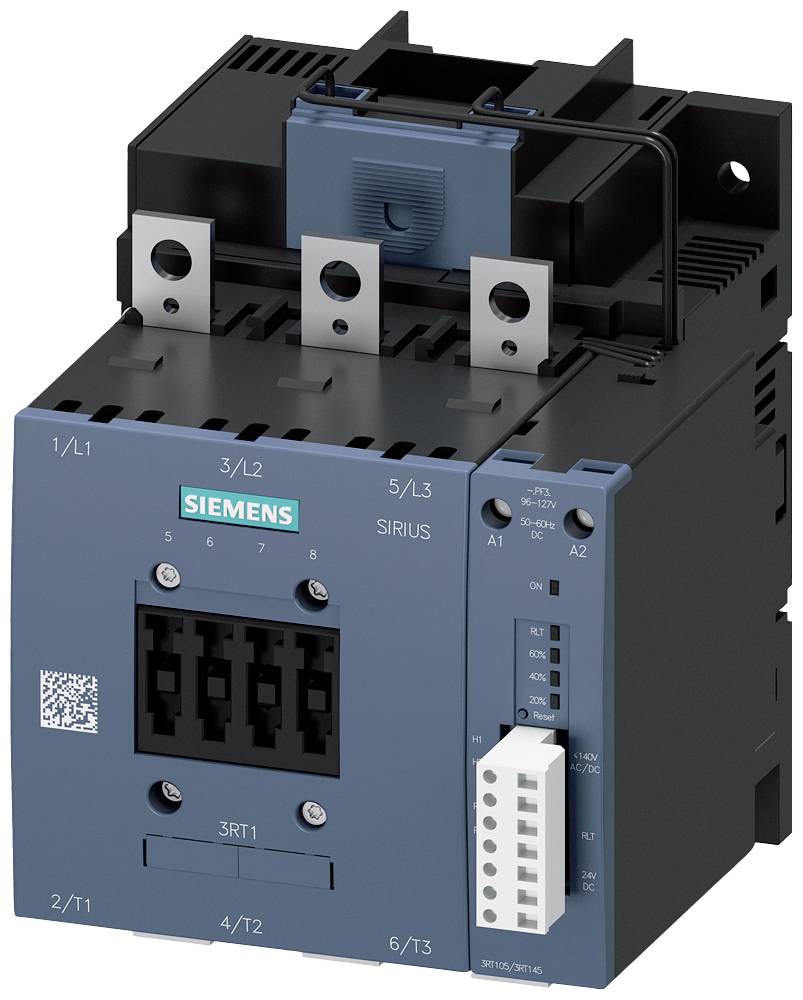 En Siemens kontaktorenhet med modellnummer 3RT. Den har anslutningar och en blå frontpanel.