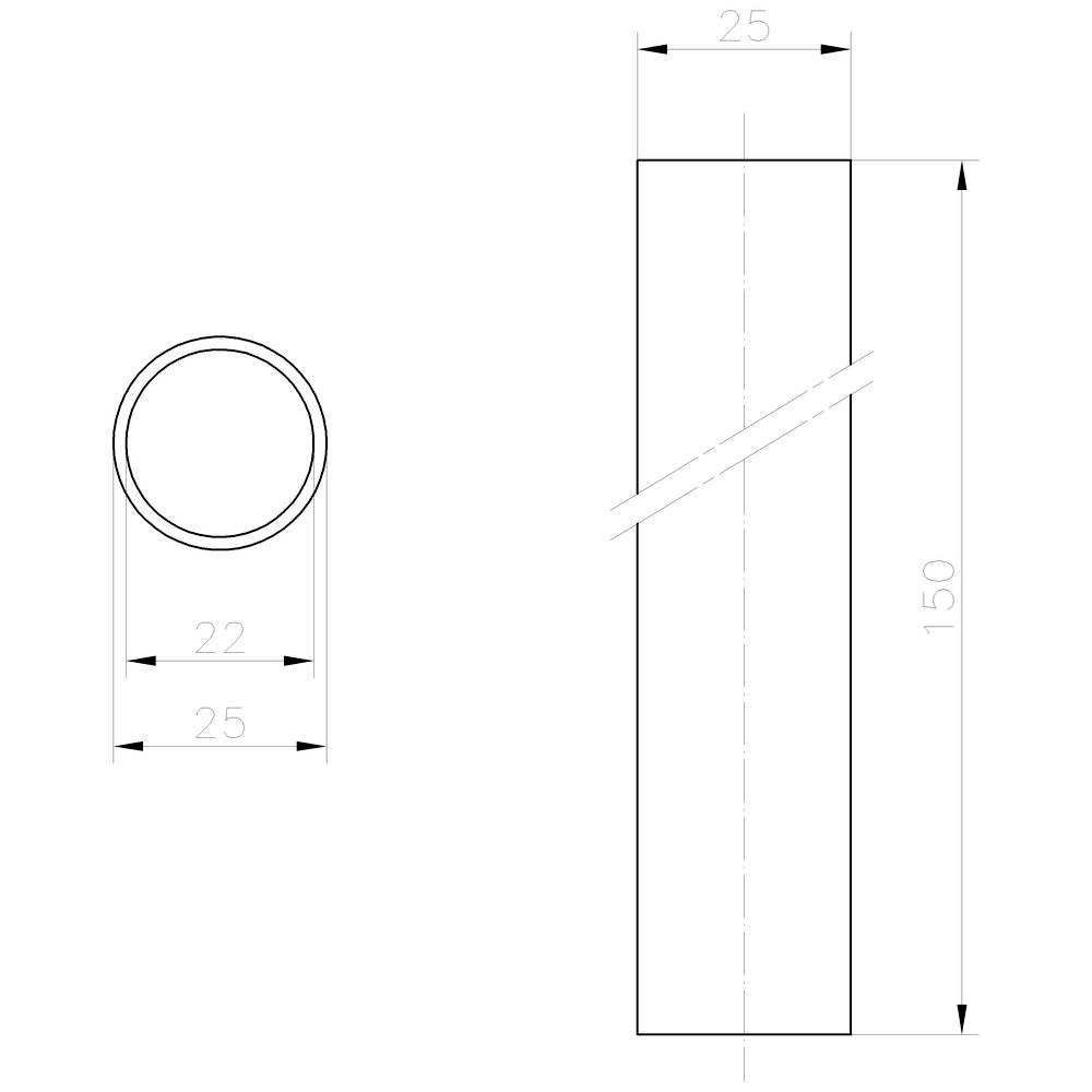 Teknisk ritning av ett cylindriskt rör med tvärsnitt och sidovy. Ytterdiameter: 25 mm, innerdiameter: 22 mm, längd: 150 mm.