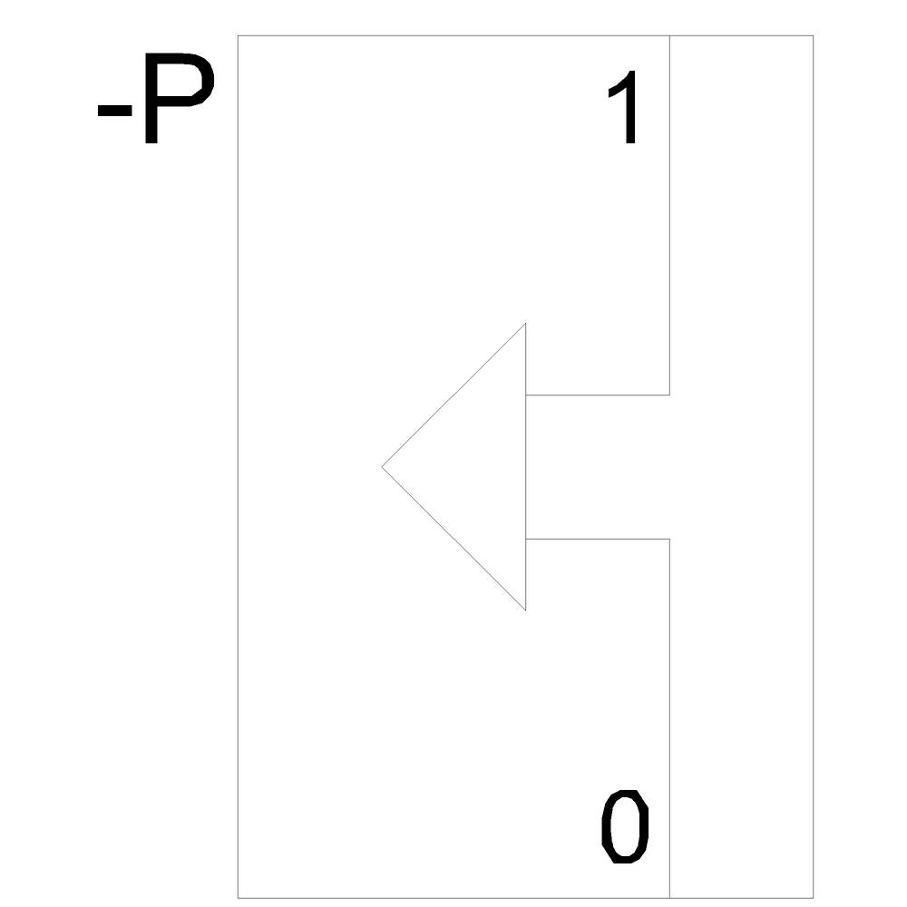 Diagram över en krets: En pil i en rektangel visar från 0 längst ner till 1 längst upp, åtföljd av -P till vänster. Visar signalflöde.