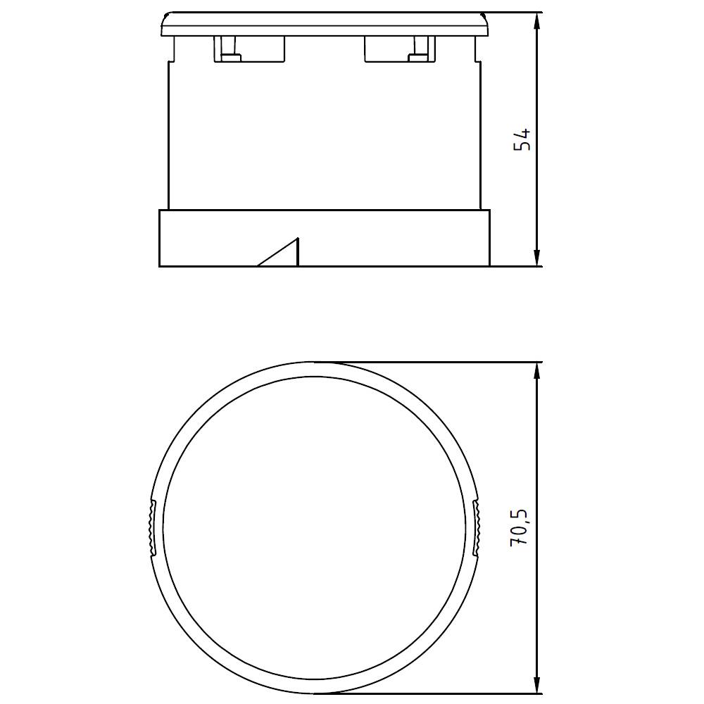 Teknisk ritning av en rund, cylindrisk komponent. Diameter: 70,5 mm, höjd: 54 mm. Vy uppifrån och från sidan.