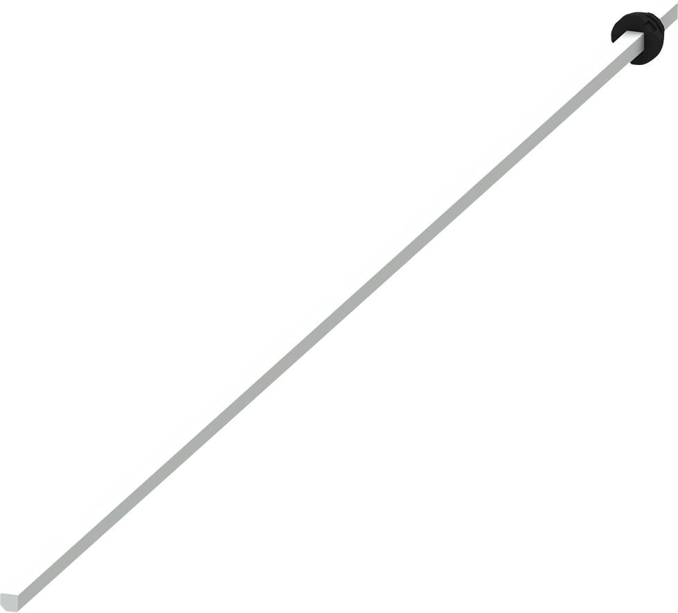En grå stav med en svart kantad krok i ena änden, diagonalt löpande från övre högra hörnet till nedre vänstra hörnet.