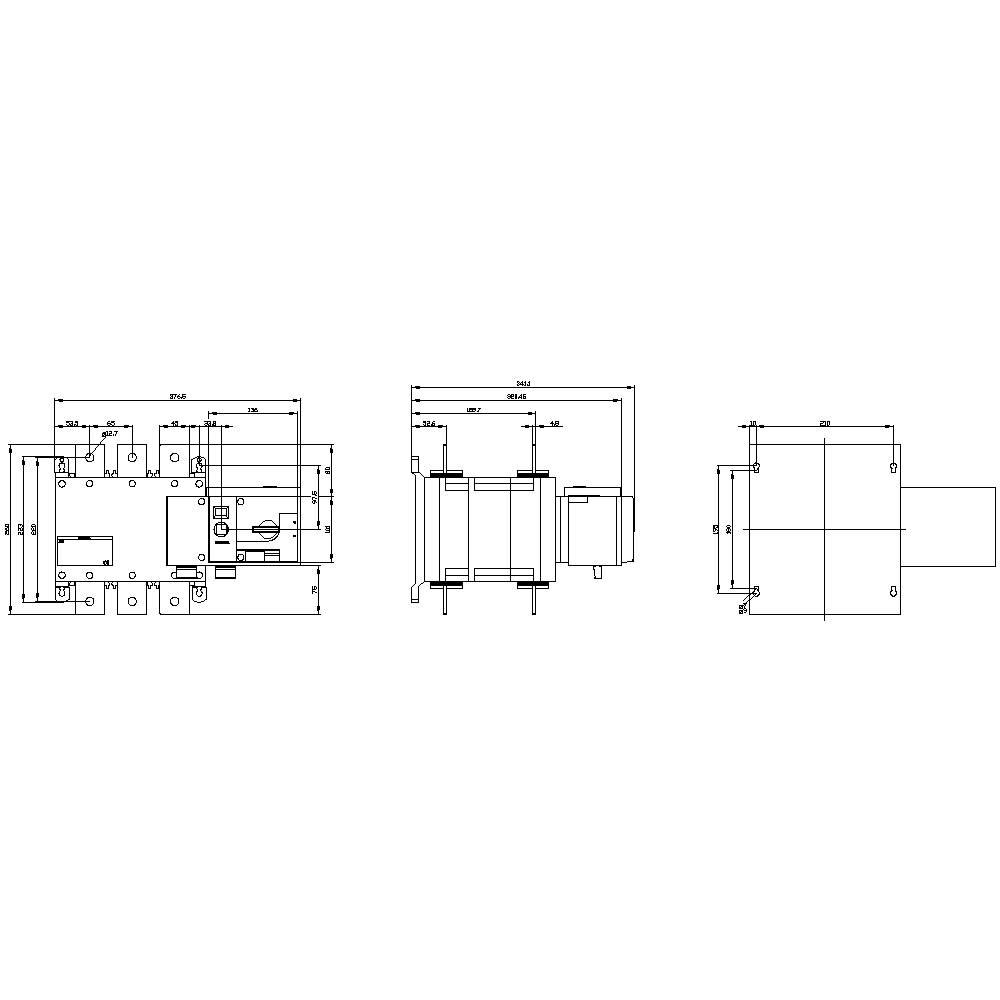 Teknisk ritning av en apparat med fram-, sido- och toppvy. Mått och detaljer är angivna. Huvudkomponenter och dimensioner markerade.