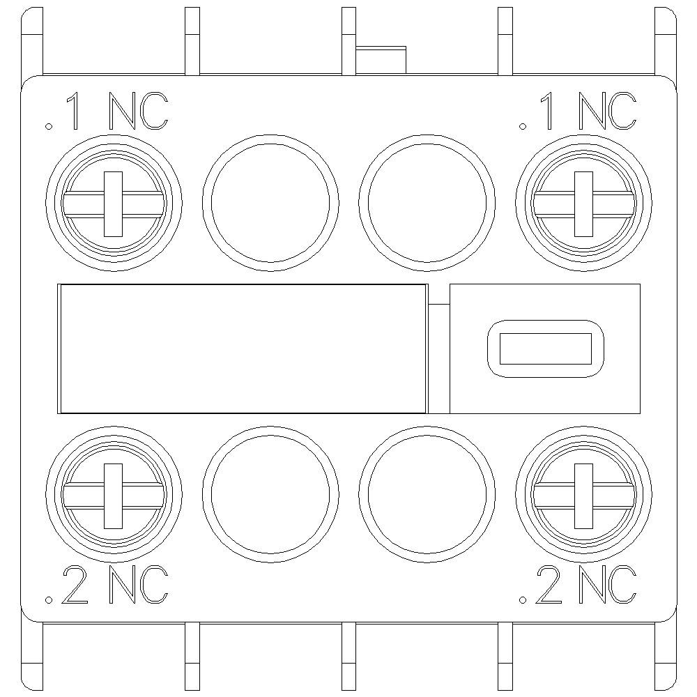 Teknisk ritning av en elektrisk strömbrytare med flera runda anslutningar och påskrift '.1 NC' och '.2 NC'.