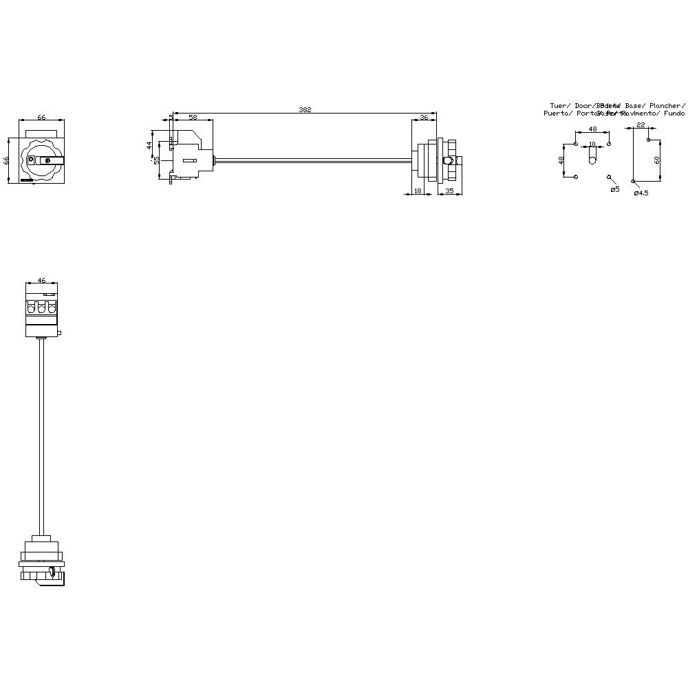 Teknisk ritning av en elektriskt driven komponent med dimensionsangivelser. Innehåller vyer framifrån, ovanifrån och anslutningsdetaljer.