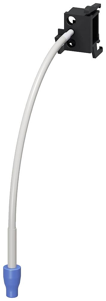 En svart plastisk kabelklämma med en böjd vit kabel som slutar i en blå kontakt.