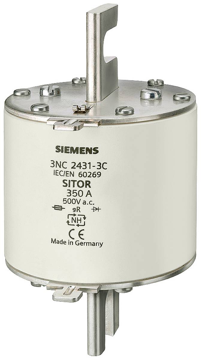 Stor, cylindrisk NH-säkring från Siemens, modell 3NC 2431-3C, IEC/EN 60269, 350A, 500V AC, med CE-märkning, tillverkad i Tyskland.