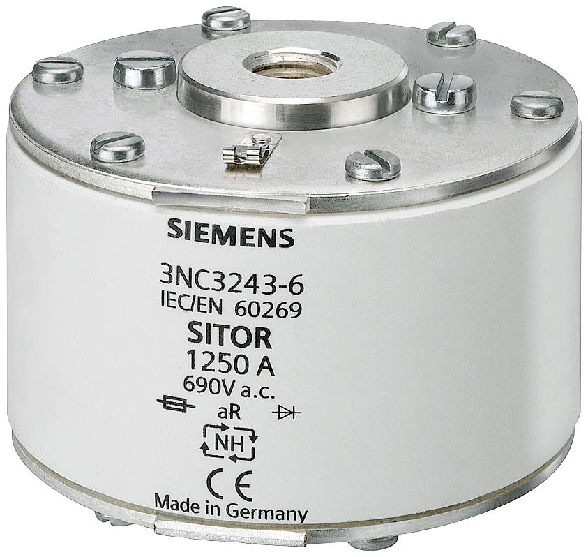 Cylindrisk elektrisk säkring från Siemens, modell SITOR 3NC3243-6, 1250 A, 690 V a.c., enligt IEC/EN 60269, 'Made in Germany'.