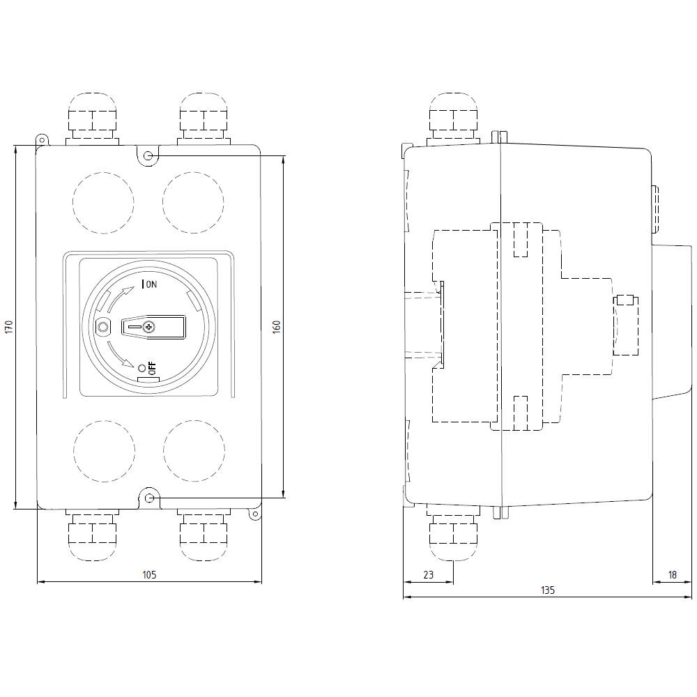 Teknisk ritning av en switch, front- och sidovy. Mått angivna: 170 x 135 mm. Switchposition markerad som "PÅ".
