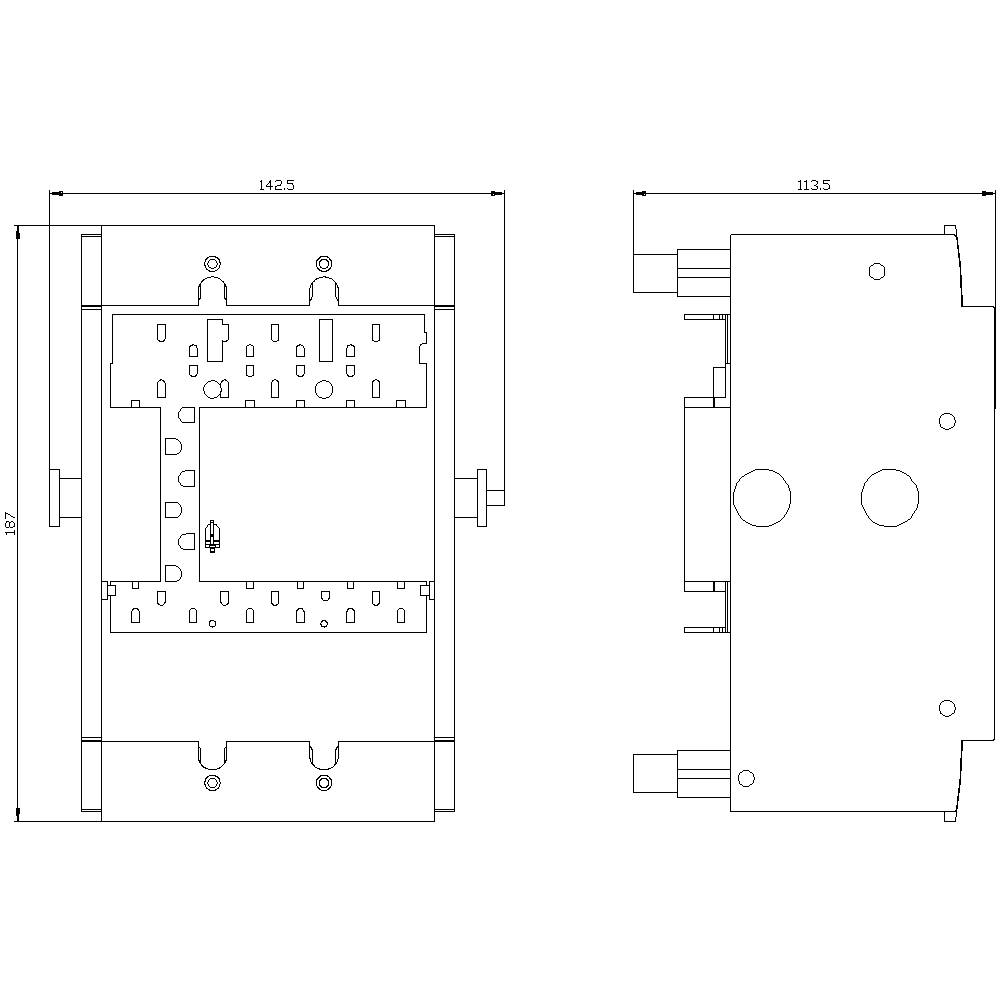 Teknisk ritning av en elektronisk enhetskomponent, visar fram- och sidovy med dimensioner 142,5 mm x 150,7 mm och 113,5 mm djup.