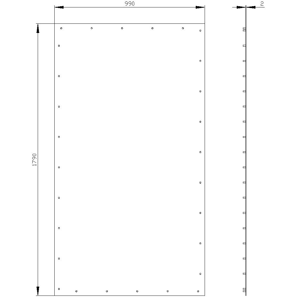 Teknisk ritning av en rektangulär panel. Mått: 990 mm bredd, 1790 mm höjd, 2 mm djup. Hålmönster längs kanterna.