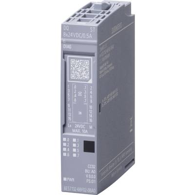 '8x24VDC/0.5A' Siemens industriautomationsmodul, modell '6ES7132-6BF02-0BA0', visar diagnostikinformation och strömförsörjningsdetaljer.