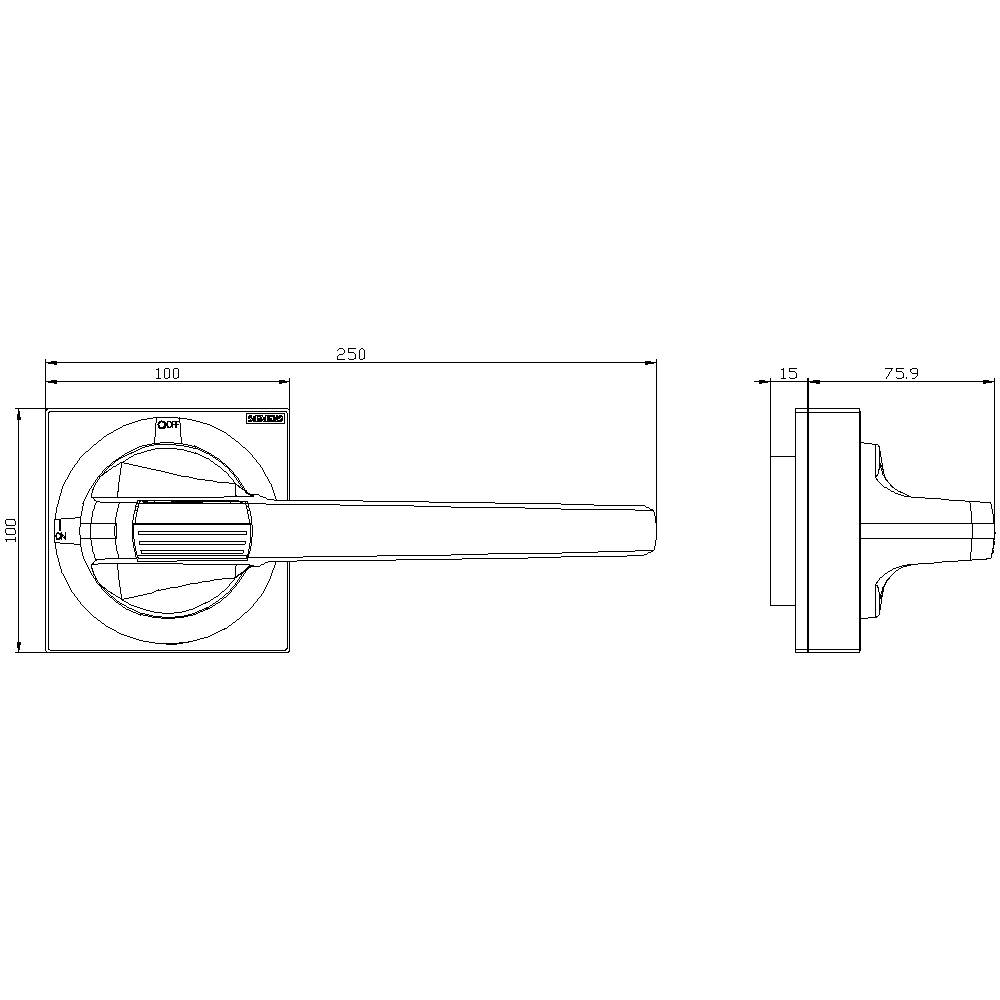 Dörrhandtagsritningar med dimensioner: Längd 250 mm, rund rosett diameter 50 mm, sidovy längd 75,9 mm.