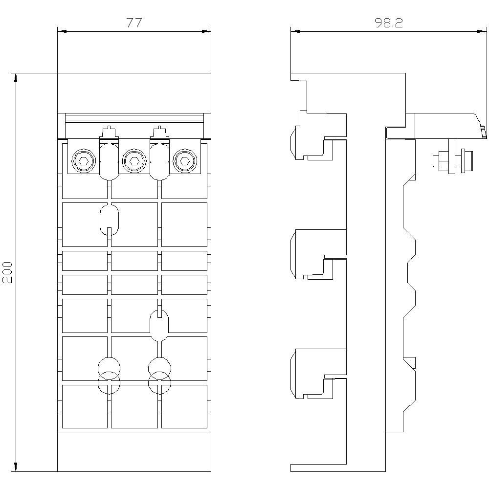 Teknisk ritning av en elektrisk komponent med dimensioner: 77 x 200 och 98,2 djup. Visar fram- och sidovy.