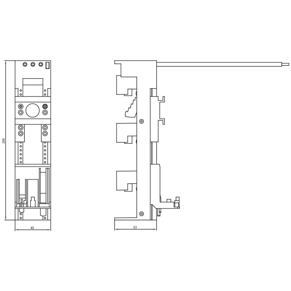 Teknisk ritning visar front- och sidovyn av en mekanisk komponent med dimensionerna 250x45 mm och 53 mm djup.
