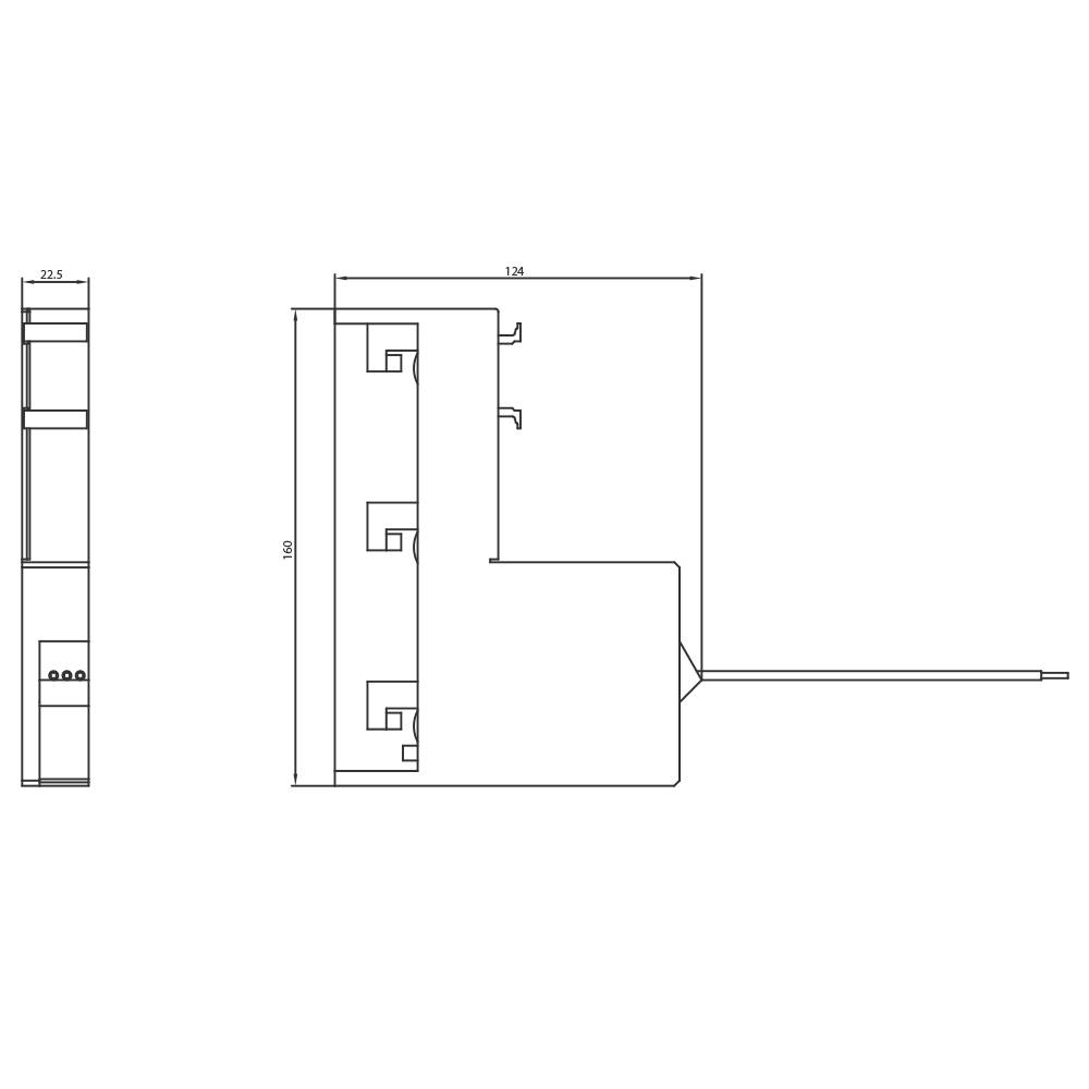 Teknisk ritning av en elektrisk komponent med dimensioner: bredd 22,5 mm, höjd 110 mm, djup 134 mm. Sido- och frontvy.