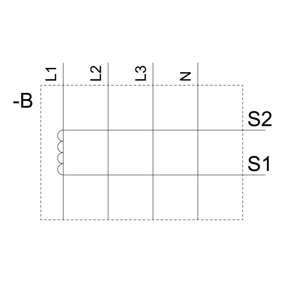 Strömschema: Tre vertikala ledningar L1, L2, L3 leder till motorn med lindningar S1 och S2. Pilen längst upp till vänster visar -B.