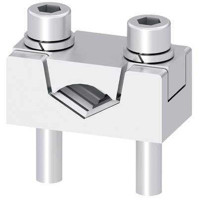 Metallisk fästclips med två skruvar ovanpå och två stift nedtill, avsedd för montering av komponenter i mekaniska konstruktioner.