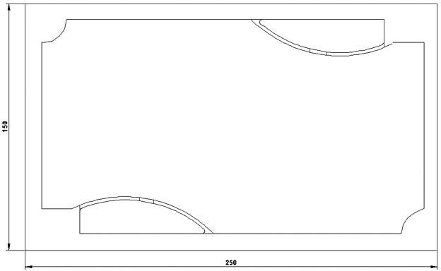 Ritning av en rektangulär grundyta med två avrundade hörn på motstående sidor. Mått: 250 x 150 enheter.
