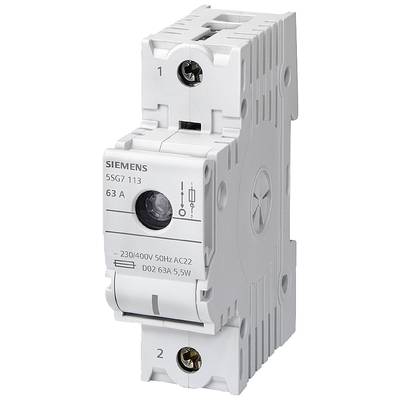 En Siemens effektbrytare, modell 5SG7 113, 63 A, lämplig för 230/400V, 50Hz tillämpningar, med skruvförband ovanför och nedanför.