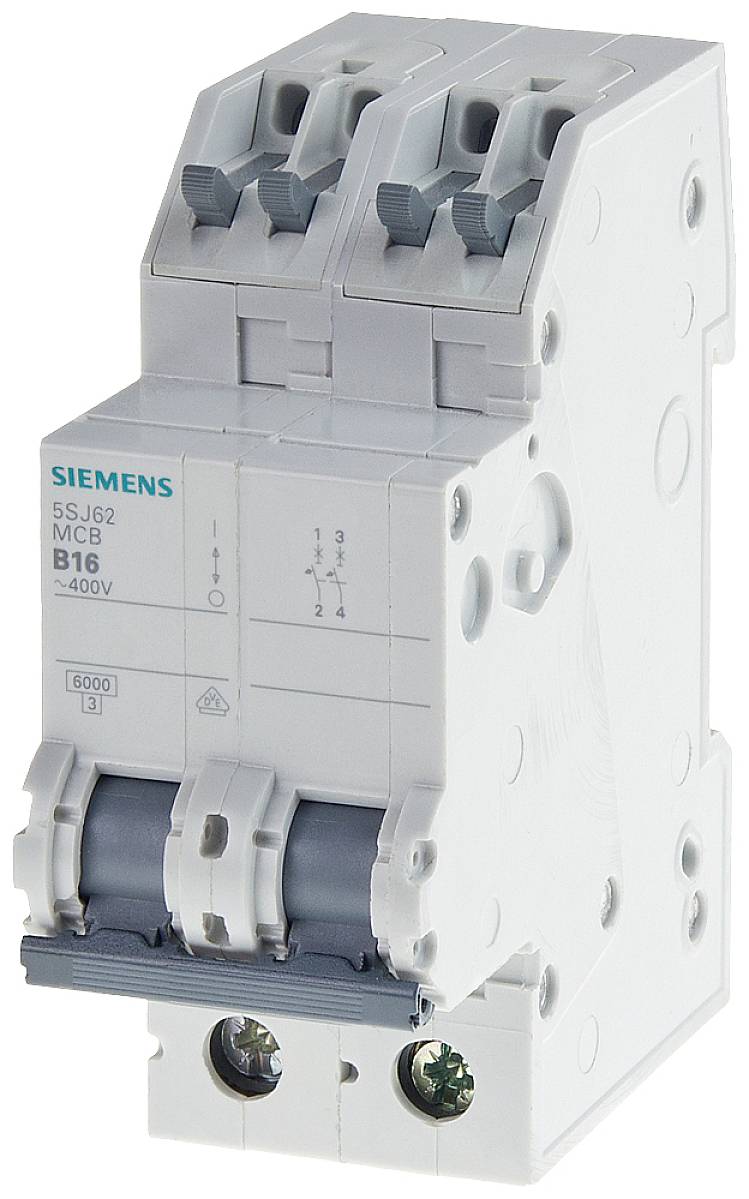 Siemens 5SJ62 tvåpolig säkringsbrytare, märkt med 'MCB B16', stöder upp till 400V och 6000A.