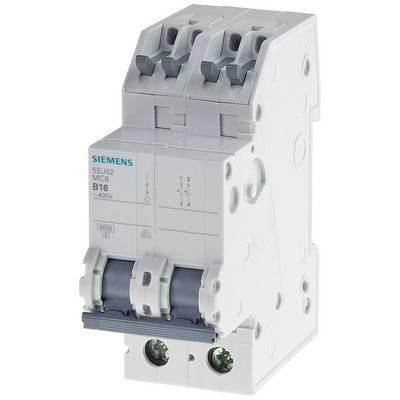 Siemens 5SJ62 tvåpolig säkringsbrytare, märkt med 'MCB B16', stöder upp till 400V och 6000A.