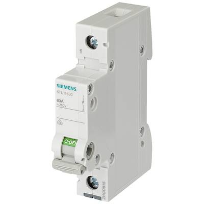 En Siemens-ledningsskyddsbrytare, modell 5TL11630, 63A, 250V. Visar frontvy med brytar i 'AV'-läge.