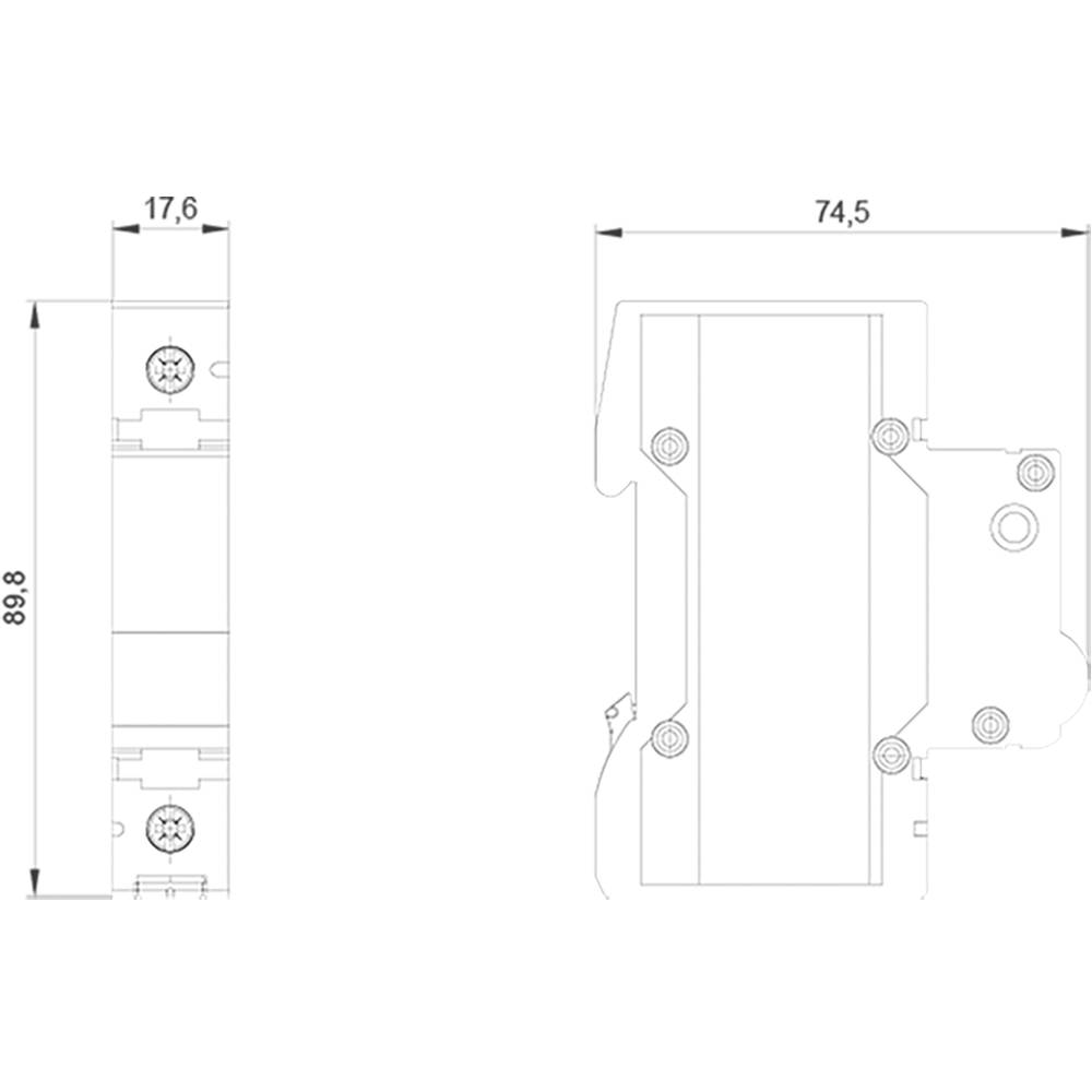 Teknisk ritning av en elektrisk komponent med dimensioner: höjd 89,8 mm, bredd 17,6 mm, djup 74,5 mm.