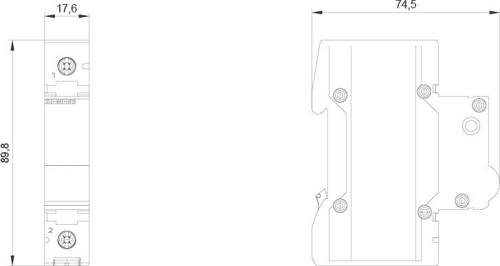 Teknisk ritning av ett rektangulärt objekt med dimensioner: 89,8 mm höjd, 74,5 mm bredd, 17,6 mm djup. Vyer uppifrån och från sidan.