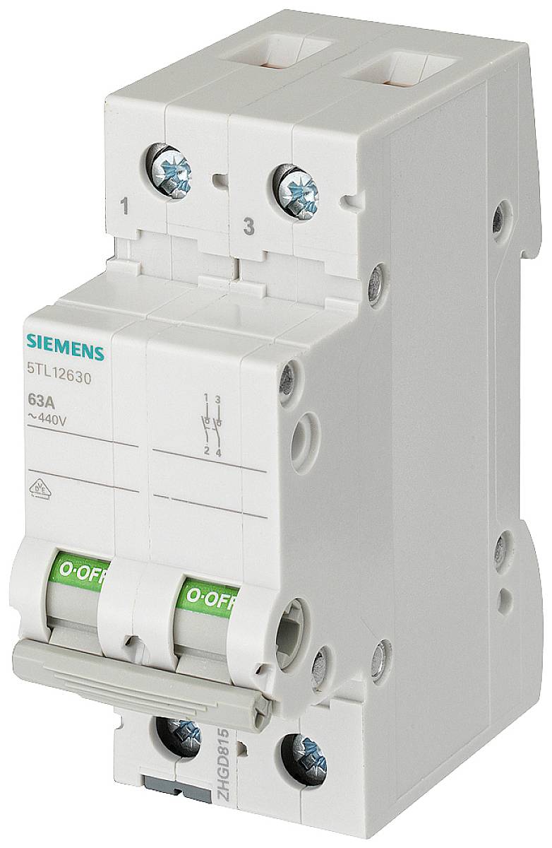 En tvåpolig effektbrytare från Siemens, modell 5TL12630, med lägen 'PÅ' och 'AV', för 63A vid 440V.
