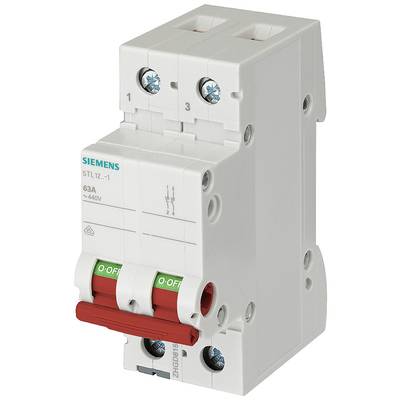 En vit Siemens säkringsautomat med två switchar och texten '63A ~440V'. Används för elektrisk kretsskydd.