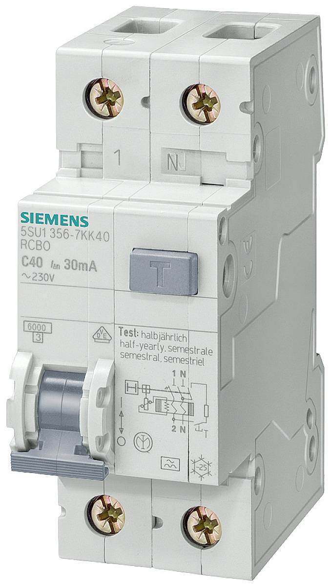 En tvåpolig Siemens felströmsskyddsbrytare med beteckningen 'C40' och en utlösningsström på 30mA, lämplig för 230V.