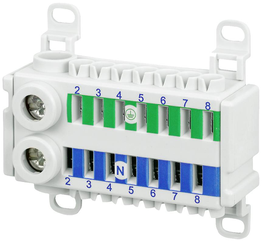 En flerpolig elektrisk kontakt med numrerade anslutningar från 1 till 8 och en jordningssymbol i mitten.