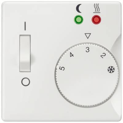 Ett vitt termostat med en vred som går från 1 till 5. Lampor visar grönt för aktivt läge och rött för uppvärmning. En strömbrytare för På/Av.
