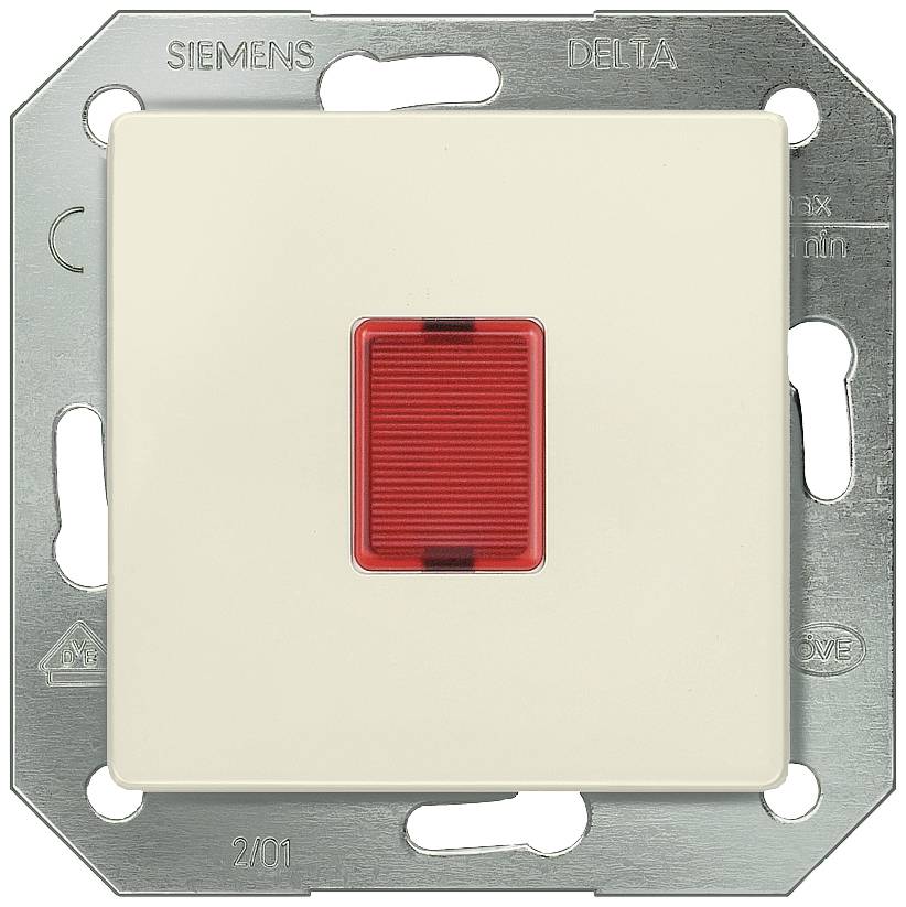 En vit strömbrytare med röd tryckdel, omgiven av en metallram, märkt med 'SIEMENS DELTA'.