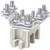 Metallisk kabelkontakt med flera skruvar och en isolerande plastbas, avsedd för elektrisk anslutning av kablar.