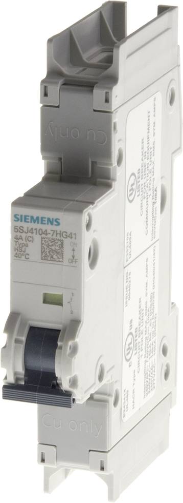 Grå Siemens-automatsäkring med serie- och modellnummer, utvecklad för att förhindra elektrisk överlast/säkringsfel i kretsar.
