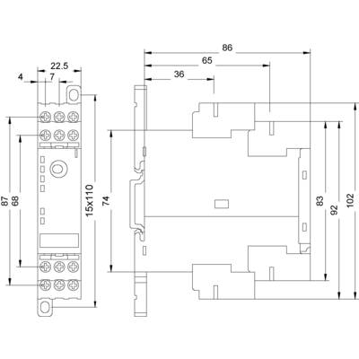 Teknisk ritning av en elektrisk apparat med mått och etiketter. Huvudvy visar höjd, bredd och djup i millimeter.
