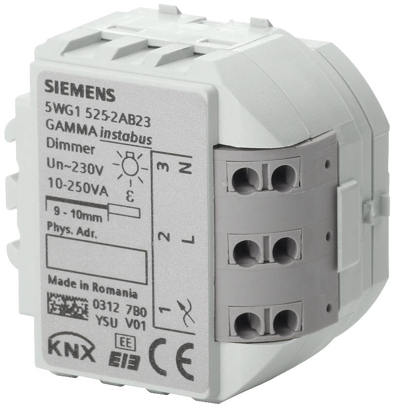 Elektrisk dimmer från Siemens, modell Gamma instabus, för spänningar från 10-250V, med anslutningar för elektrisk kablage.