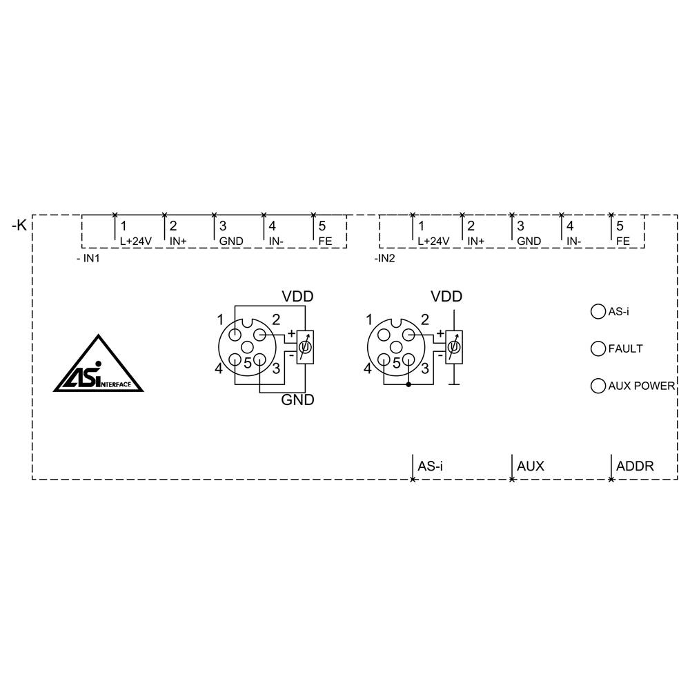 Kopplingsschema för ett AS-Interface-modul med anslutningar: IN1-3, VDD, GND. Symboler för AS-i, fel och extra strömförsörjning.