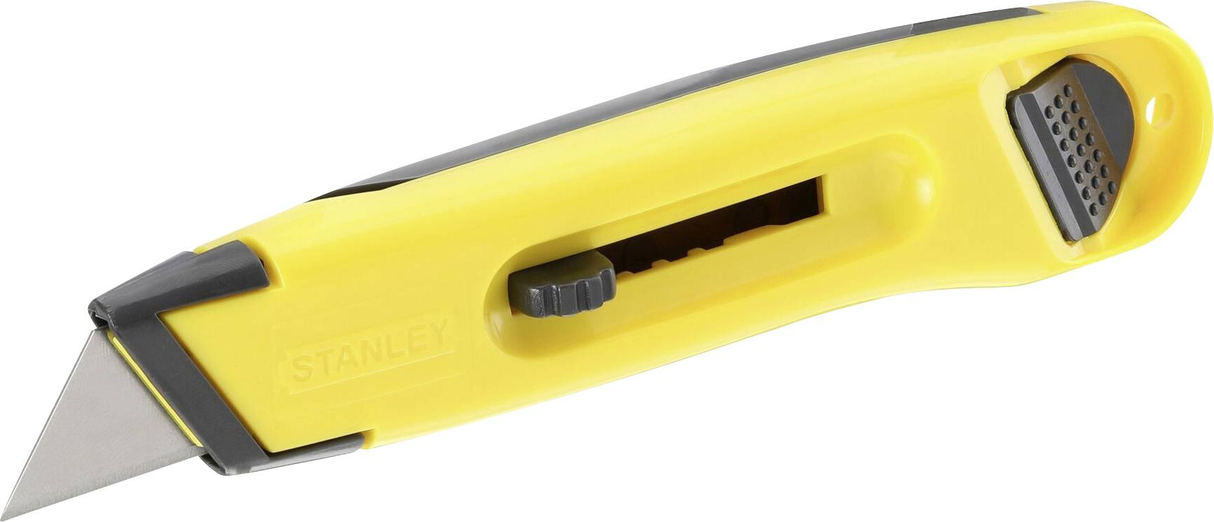 Gul universalkniv med svart handtag, vass, utfällbar klingmekanism och gummerad tumstödjepunkt.