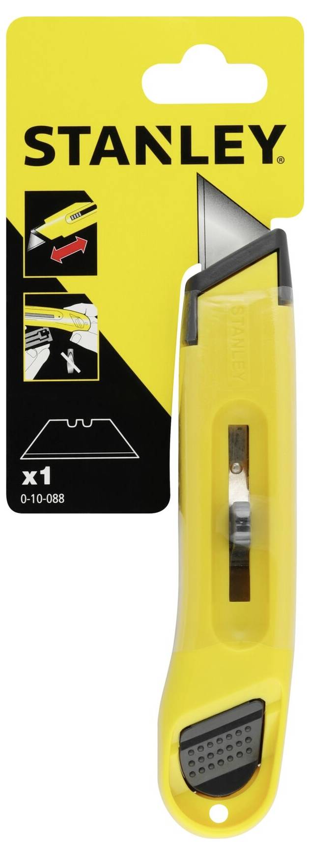 Ett gult Stanley universalkniv med svart handtag. Förpackningen visar instruktioner för klingmontering och en bild av reservblad.