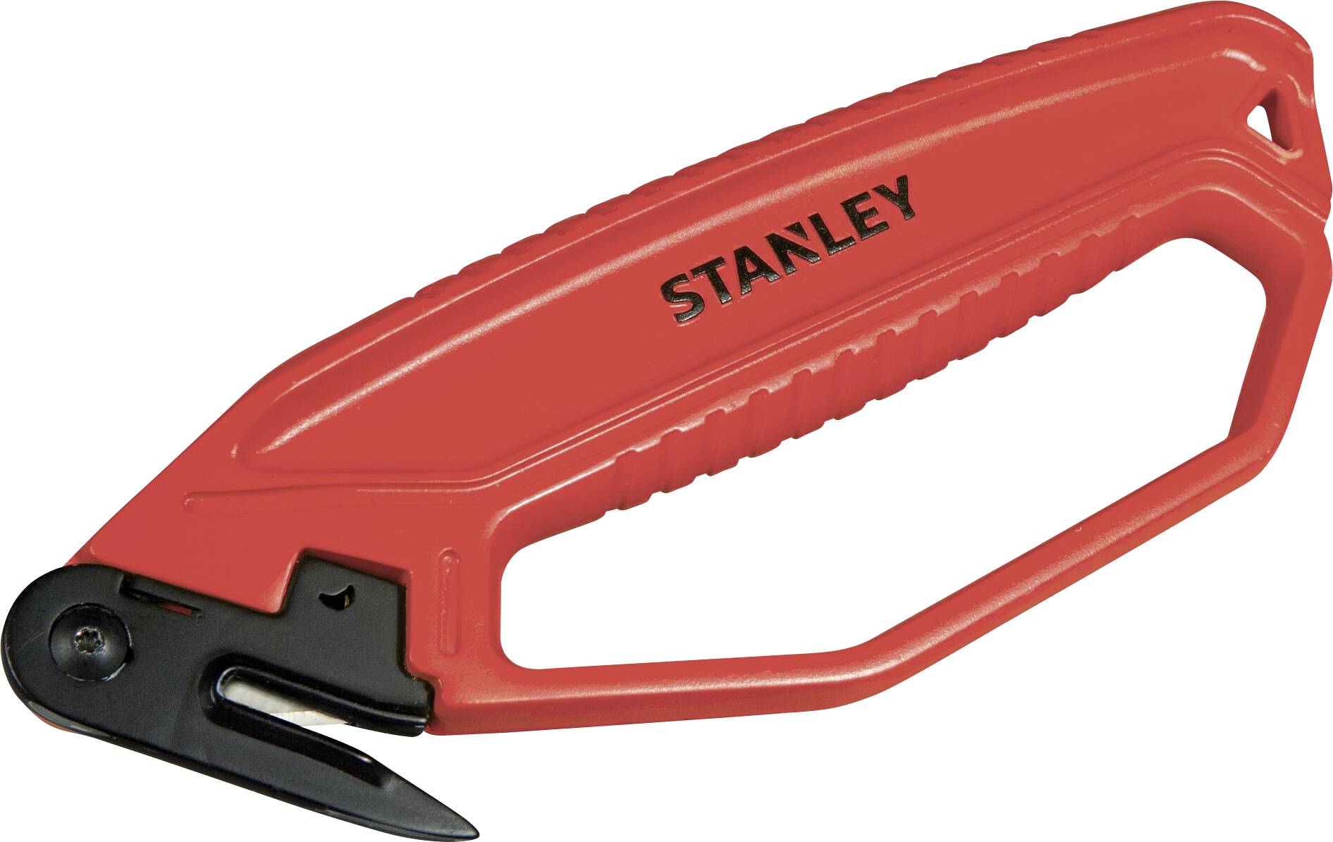 Stanley säkerhetsknivsblad med svart klinga, ergonomiskt utformad för säkert grepp och precisionskapning.
