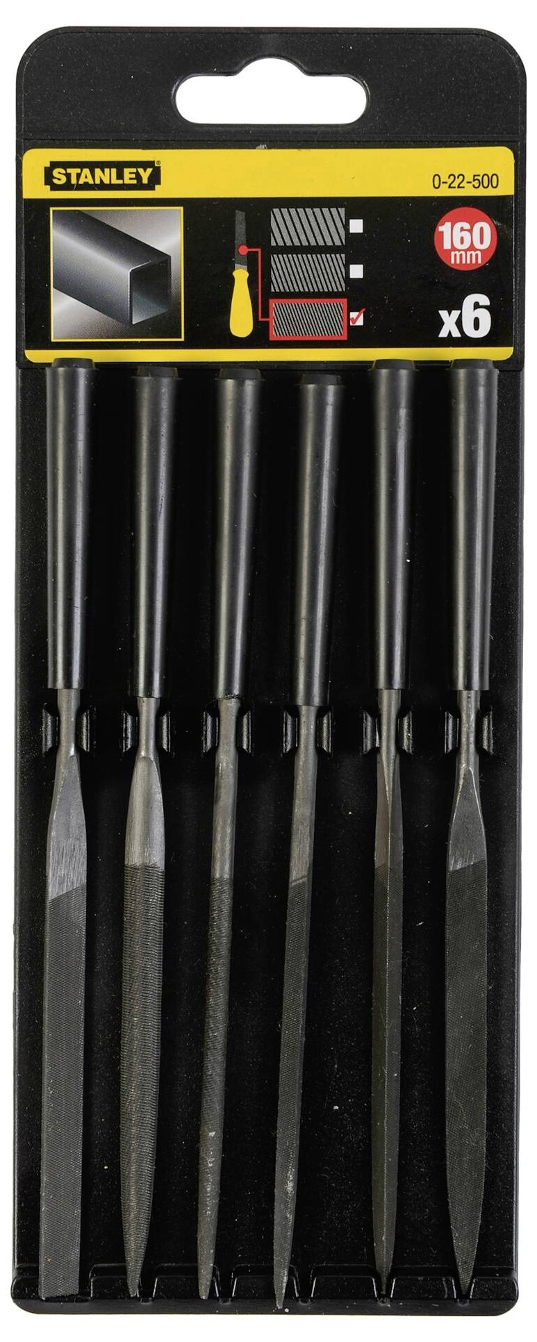 Sexdelat filfodral med ergonomiska handtag, förpackat i en plastblisterförpackning. Innehåller filer i olika former.