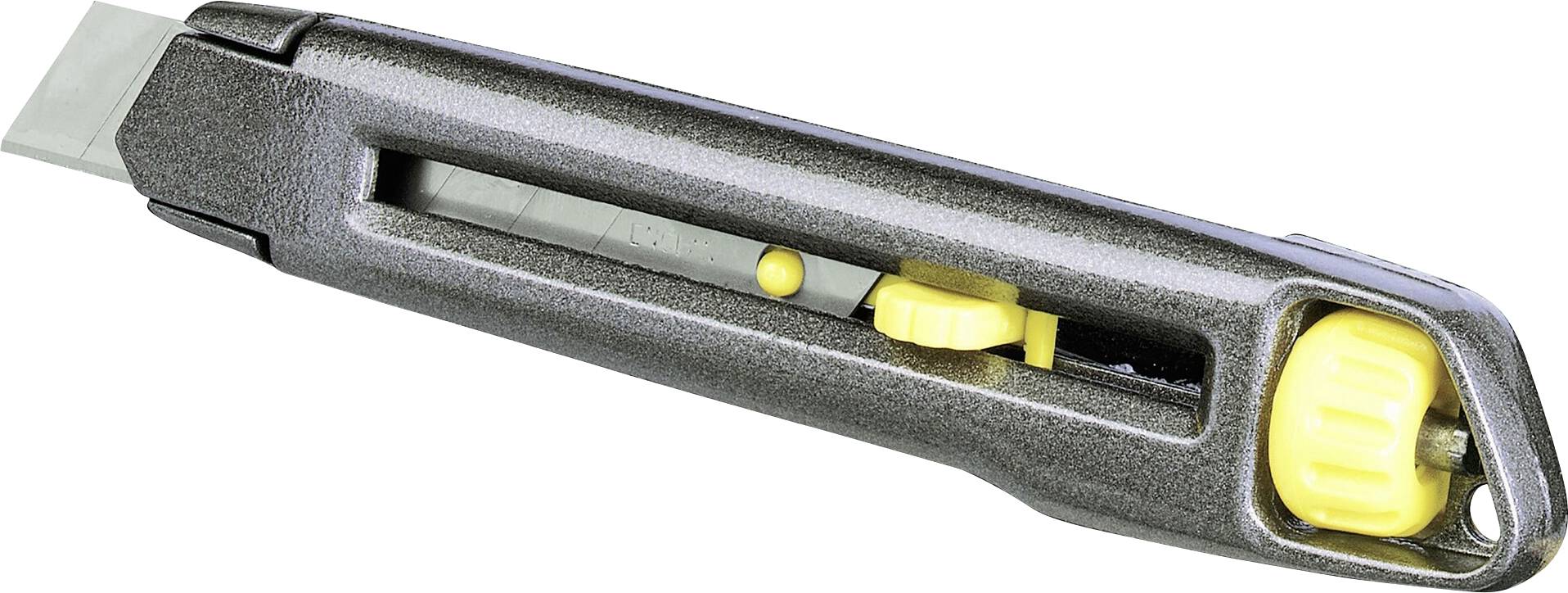 Ett grått, utdragbart mattkniv med gula detaljer och ett blad som provisoriskt kan skjutas ut, på vit bakgrund.