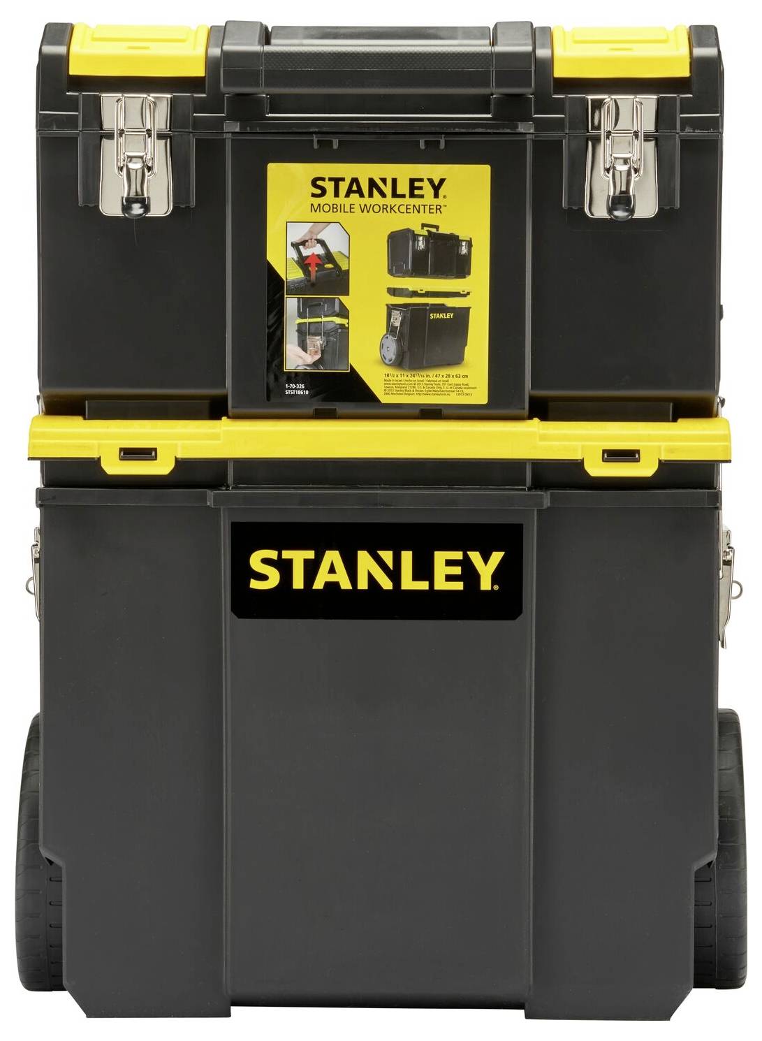 Svart verktygslåda med gula accentdetaljer, handtag och hjul. 'STANLEY' logotyp synlig. Utvecklad för mobil förvaring av verktyg.