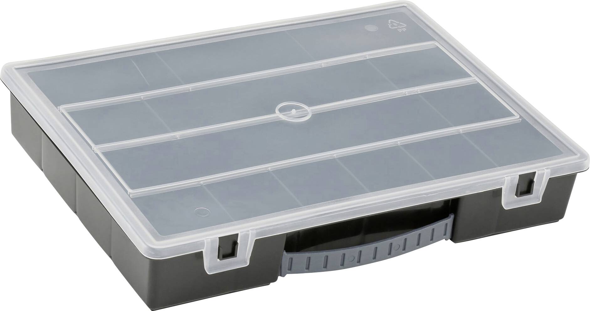 Grå förvaringsbox med transparent lock och bärhandtag, avsedd för organisering av små föremål.