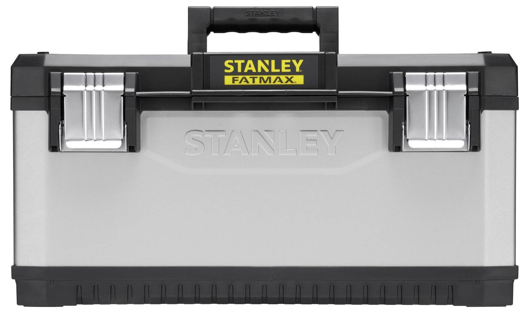 En silverfärgad verktygslåda med svart handtag och metallås, märkt 'Stanley Fatmax', står upprätt.
