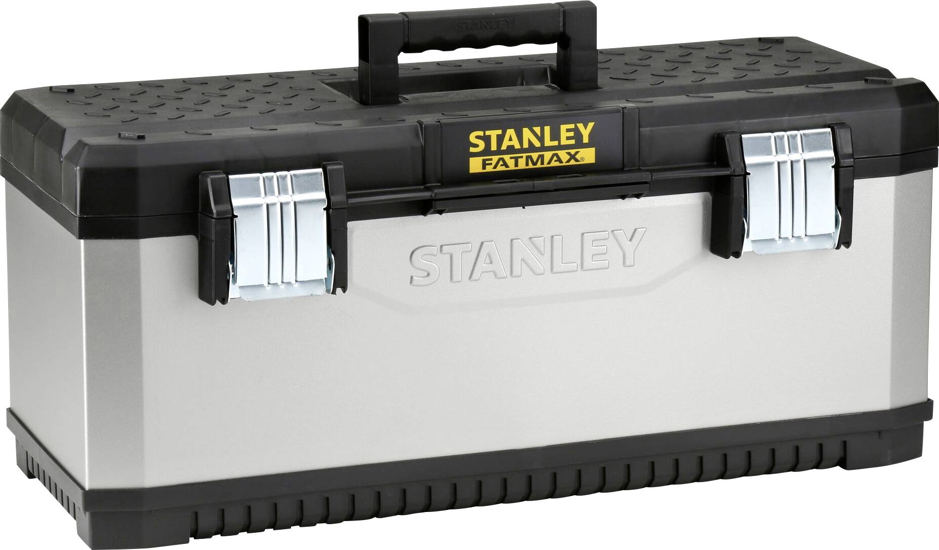 Verktygslåda av metall med plasthandtag och lås, där varumärket 'Stanley Fatmax' syns.